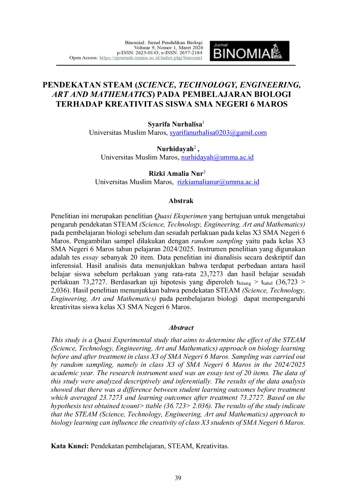 JURIS Pendekatan STEAM Science Technology Engineering Art and Mathematics pada Pembelajaran Biologi terhadap Kreativitas Siswa SMA Negeri 6 Maros