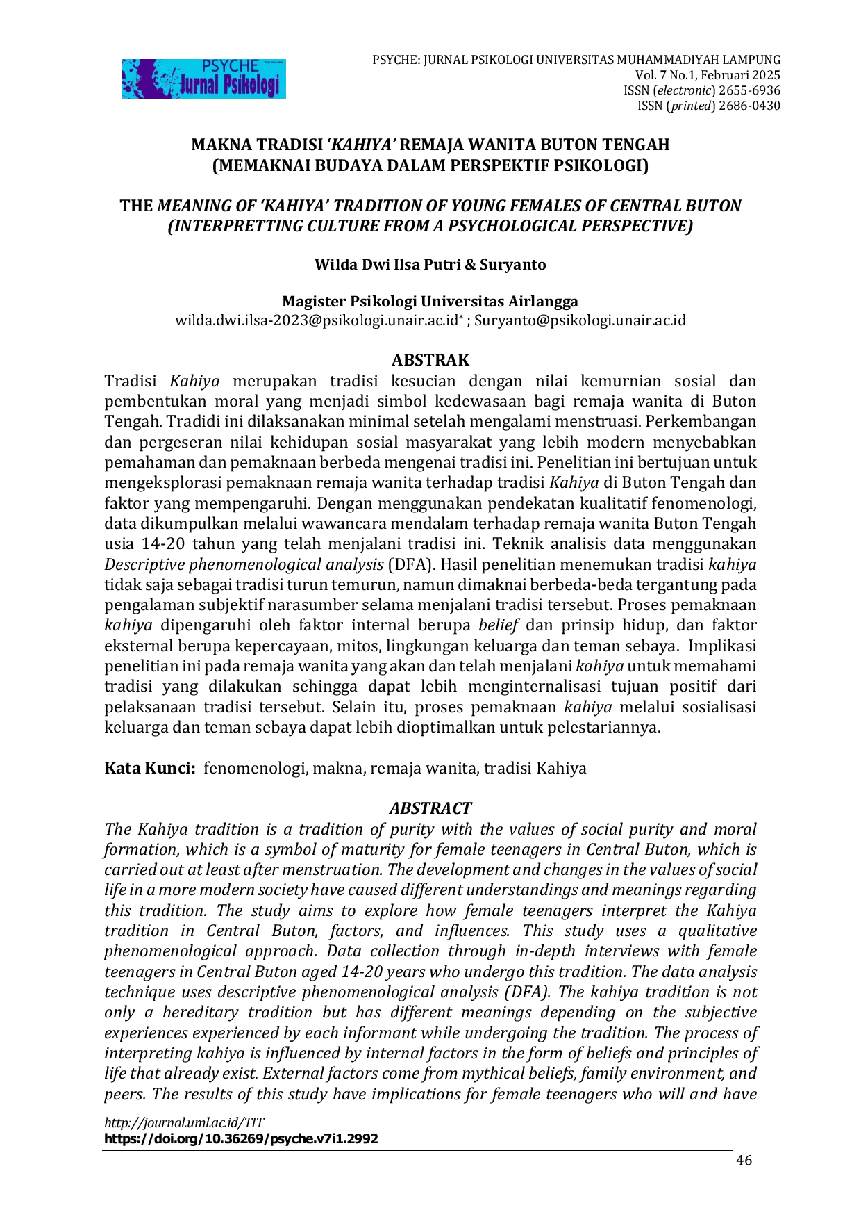 JURIS Makna Tradisi Kahiya Remaja Wanita Buton Tengah Memaknai Budaya Dalam Perspektif Psikologi
