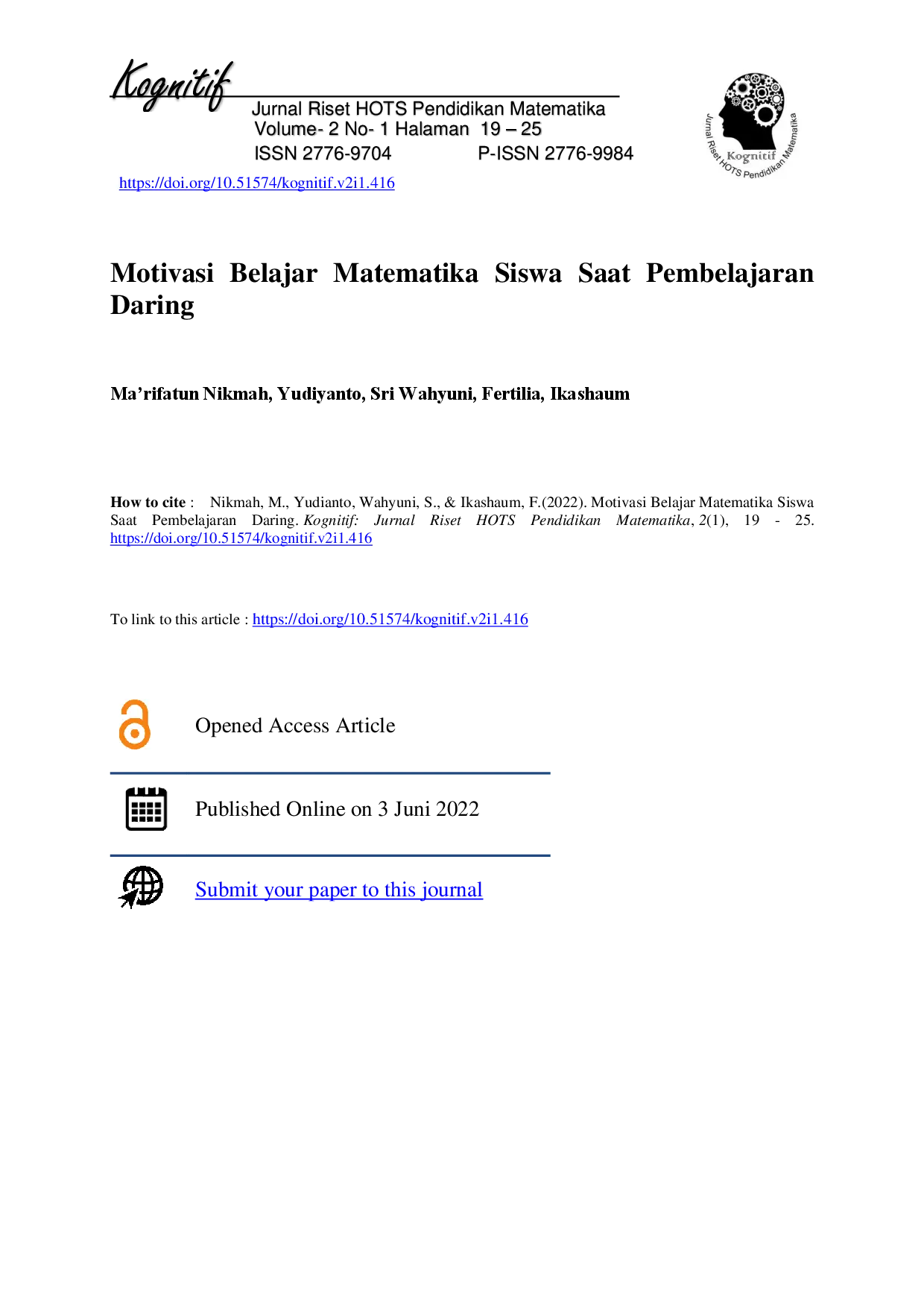 juris Motivasi Belajar Matematika Siswa Saat Pembelajaran Daring