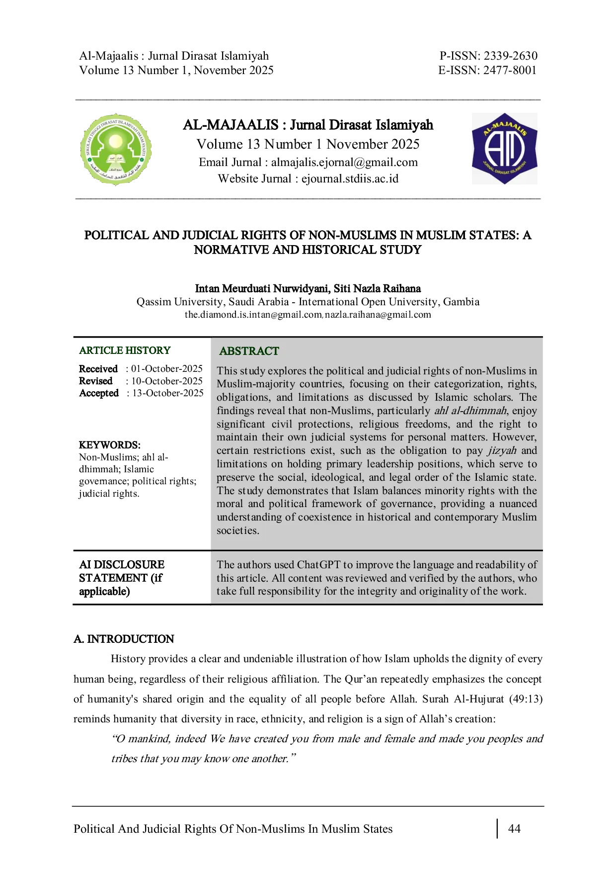 JURIS Political and Judicial Rights of Non Muslims in Muslim States A Normative and Historical Study