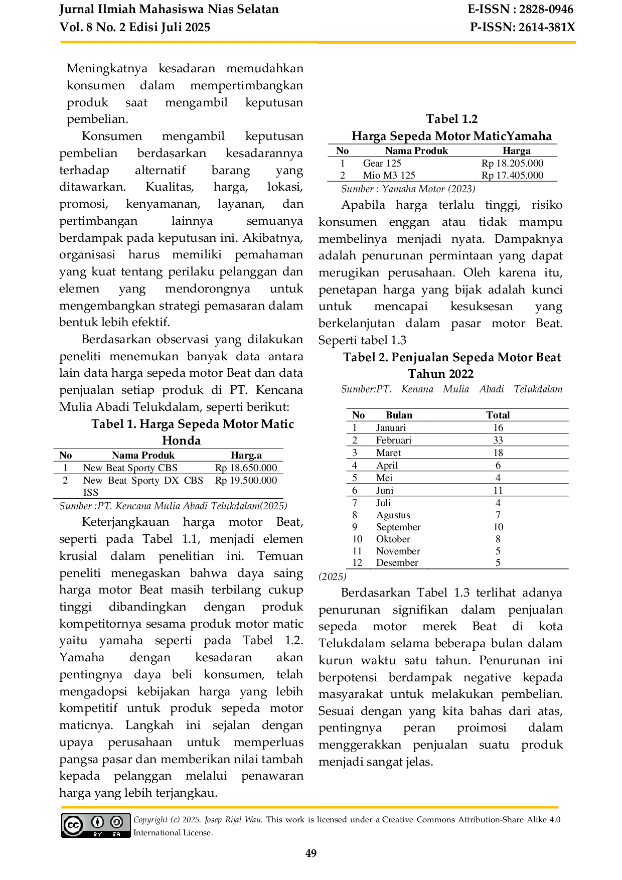 JURIS PENGARUH HARGA DAN PROMOSI TERHADAP KEPUTUSAN PEMBELIAN SEPEDA MOTOR BEAT OLEH KONSUMEN DI PT KENCANA MULIA ABADI TELUKDALAM