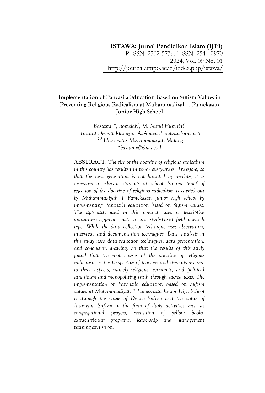 JURIS Implementation of Pancasila Education Based on Sufism Values in Preventing Religious Radicalism at Muhammadiyah 1 Pamekasan Junior High School