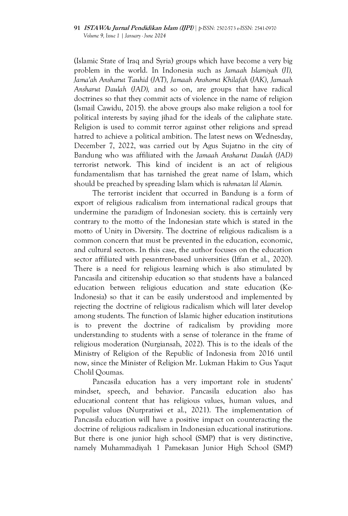 JURIS Implementation of Pancasila Education Based on Sufism Values in Preventing Religious Radicalism at Muhammadiyah 1 Pamekasan Junior High School