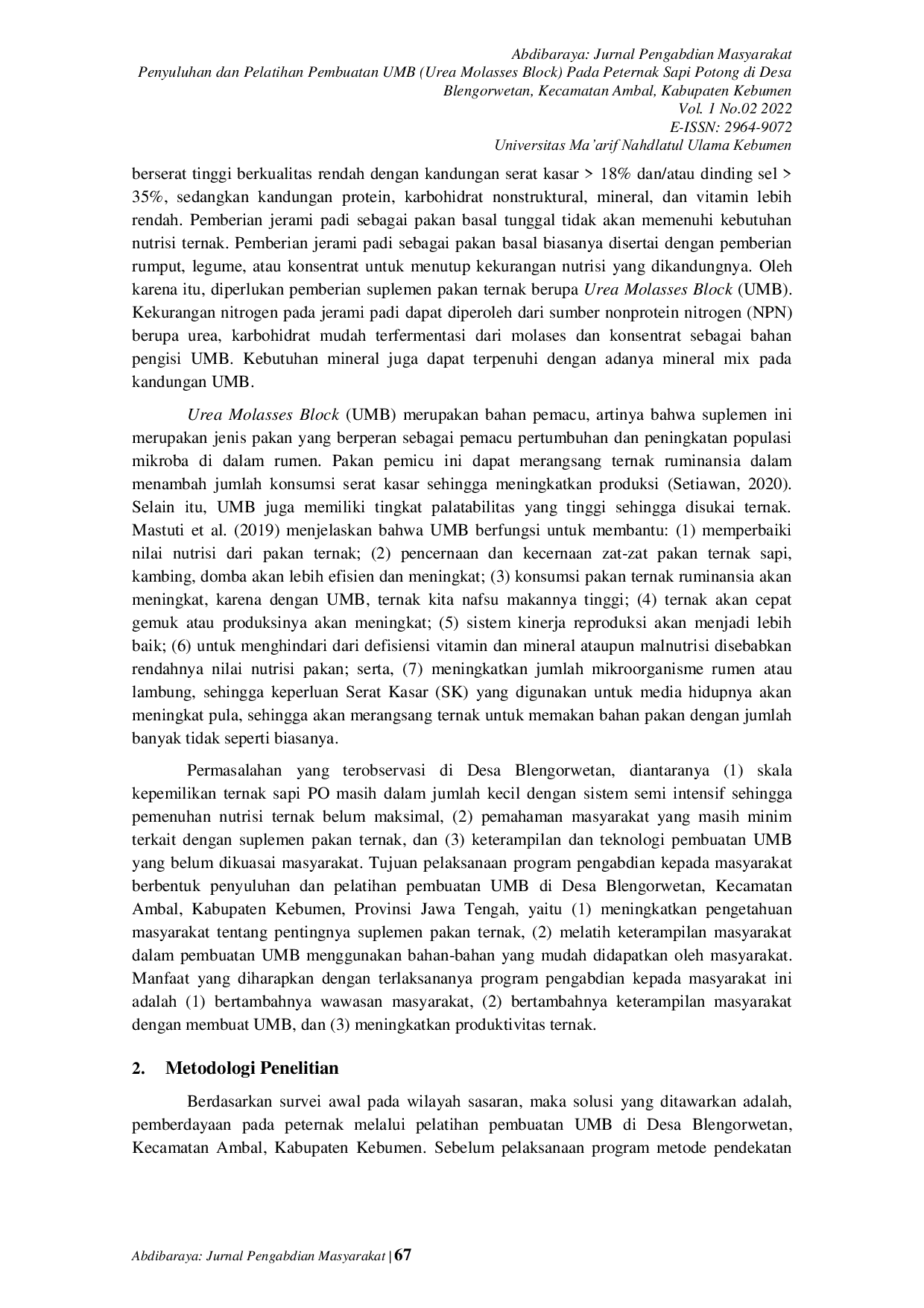 JURIS Penyuluhan dan Pelatihan Pembuatan UMB Urea Molasses Block Pada Peternak Sapi Potong di Desa Blengorwetan Kecamatan Ambal Kabupaten Kebumen