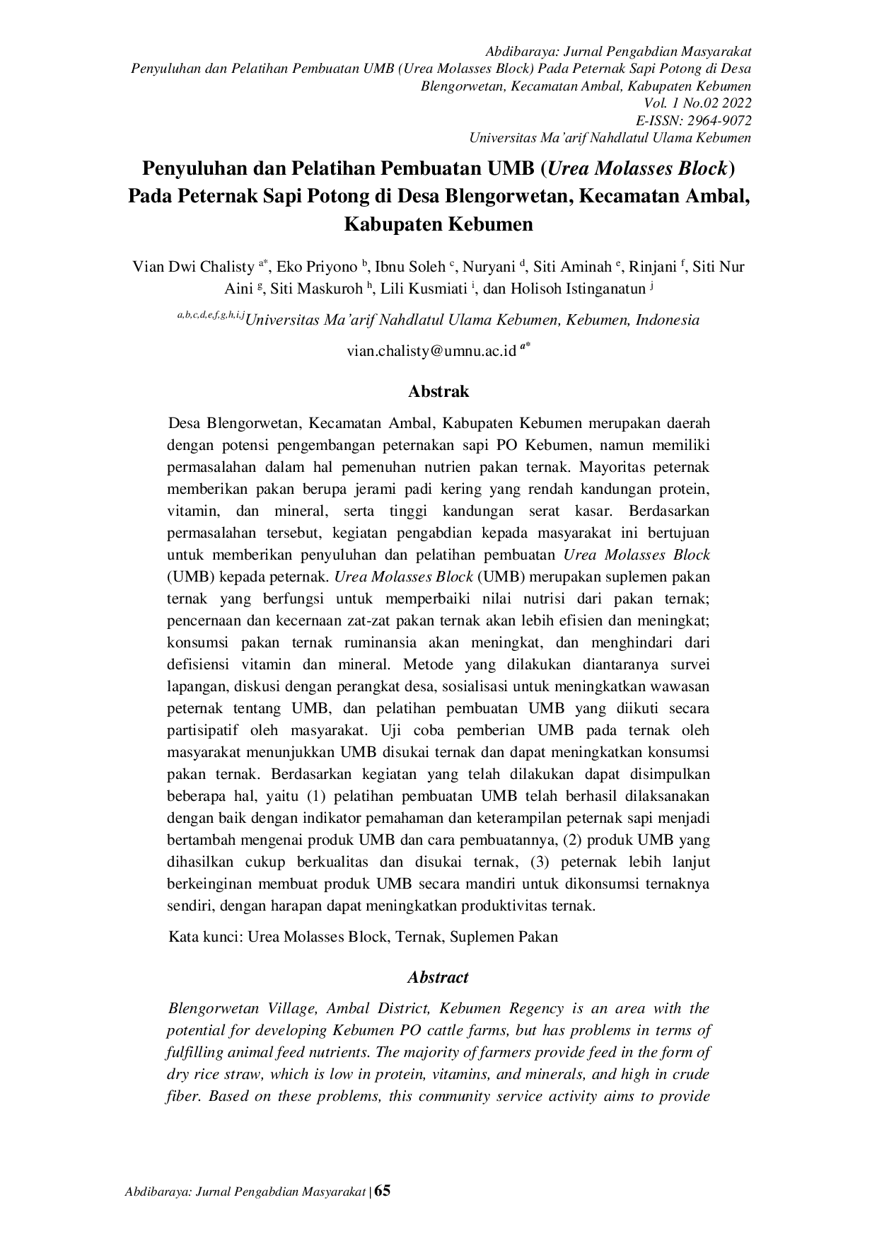 JURIS Penyuluhan dan Pelatihan Pembuatan UMB Urea Molasses Block Pada Peternak Sapi Potong di Desa Blengorwetan Kecamatan Ambal Kabupaten Kebumen