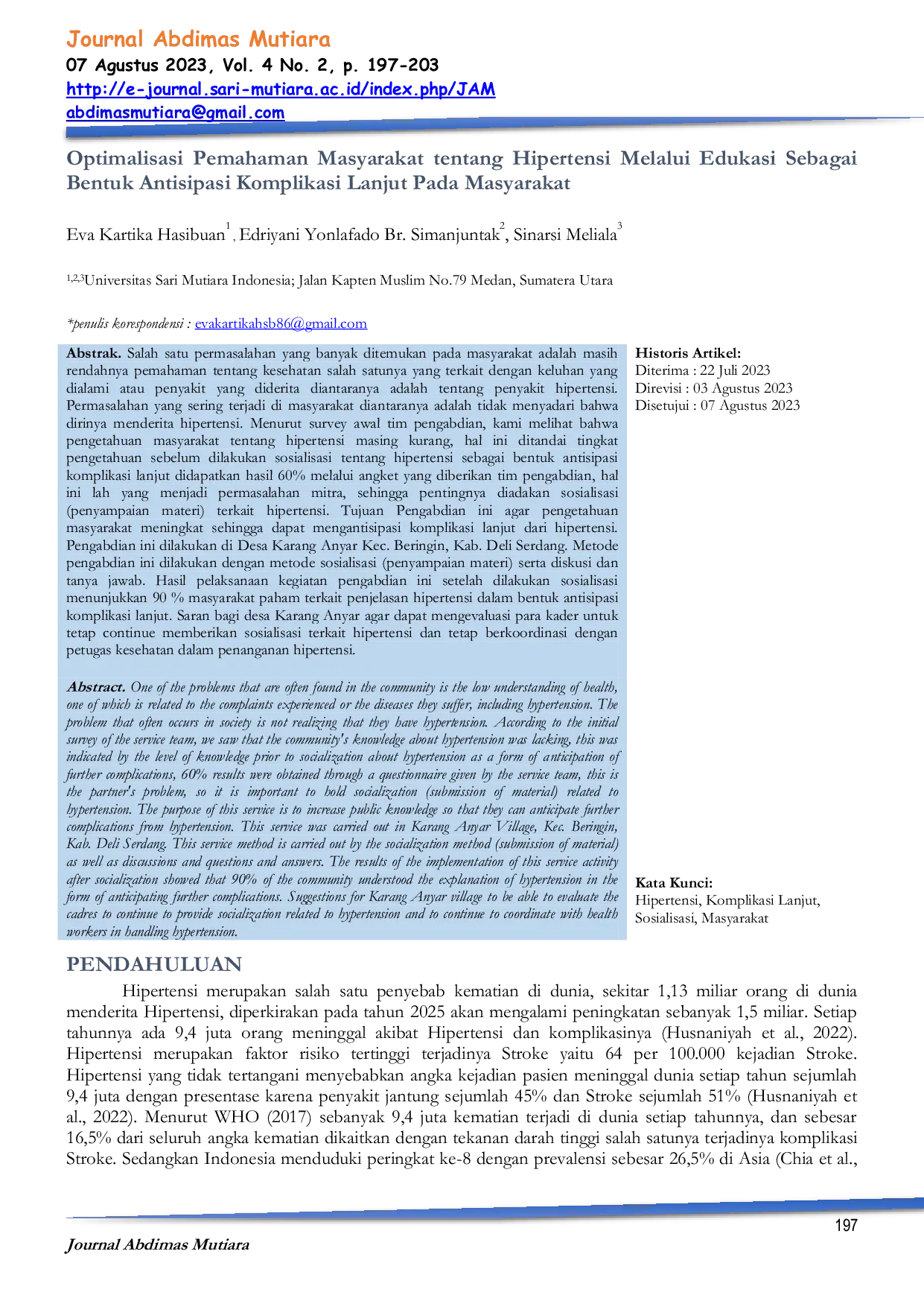JURIS Optimalisasi Pemahaman Masyarakat tentang Hipertensi Melalui Edukasi Sebagai Bentuk Antisipasi Komplikasi Lanjut Pada Masyarakat