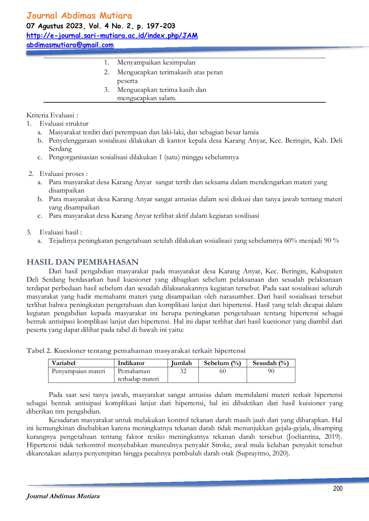 JURIS Optimalisasi Pemahaman Masyarakat tentang Hipertensi Melalui Edukasi Sebagai Bentuk Antisipasi Komplikasi Lanjut Pada Masyarakat