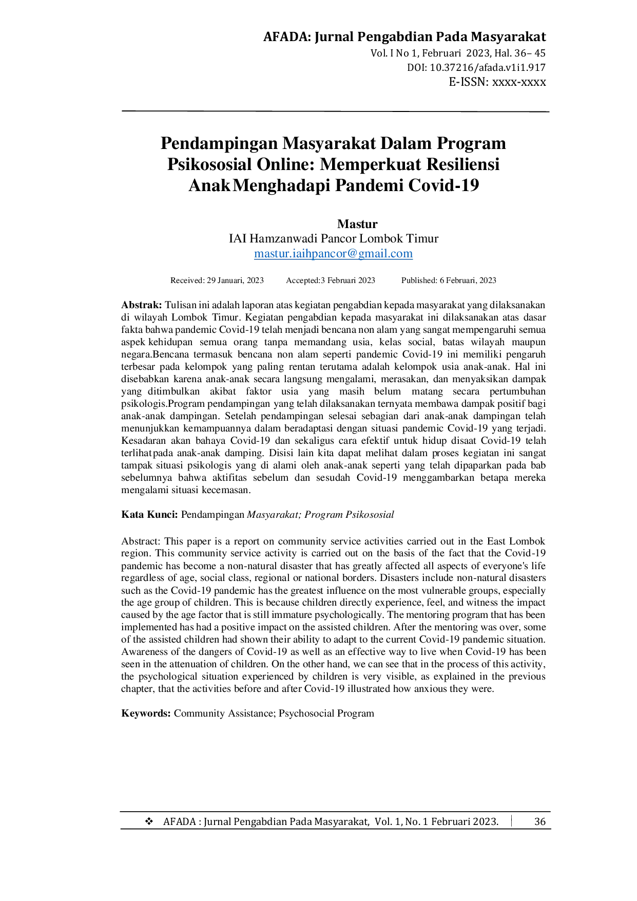 JURIS Pendampingan Masyarakat Dalam Program Psikososial Online Memperkuat Resiliensi Anak Menghadapi Pandemi Covid 19