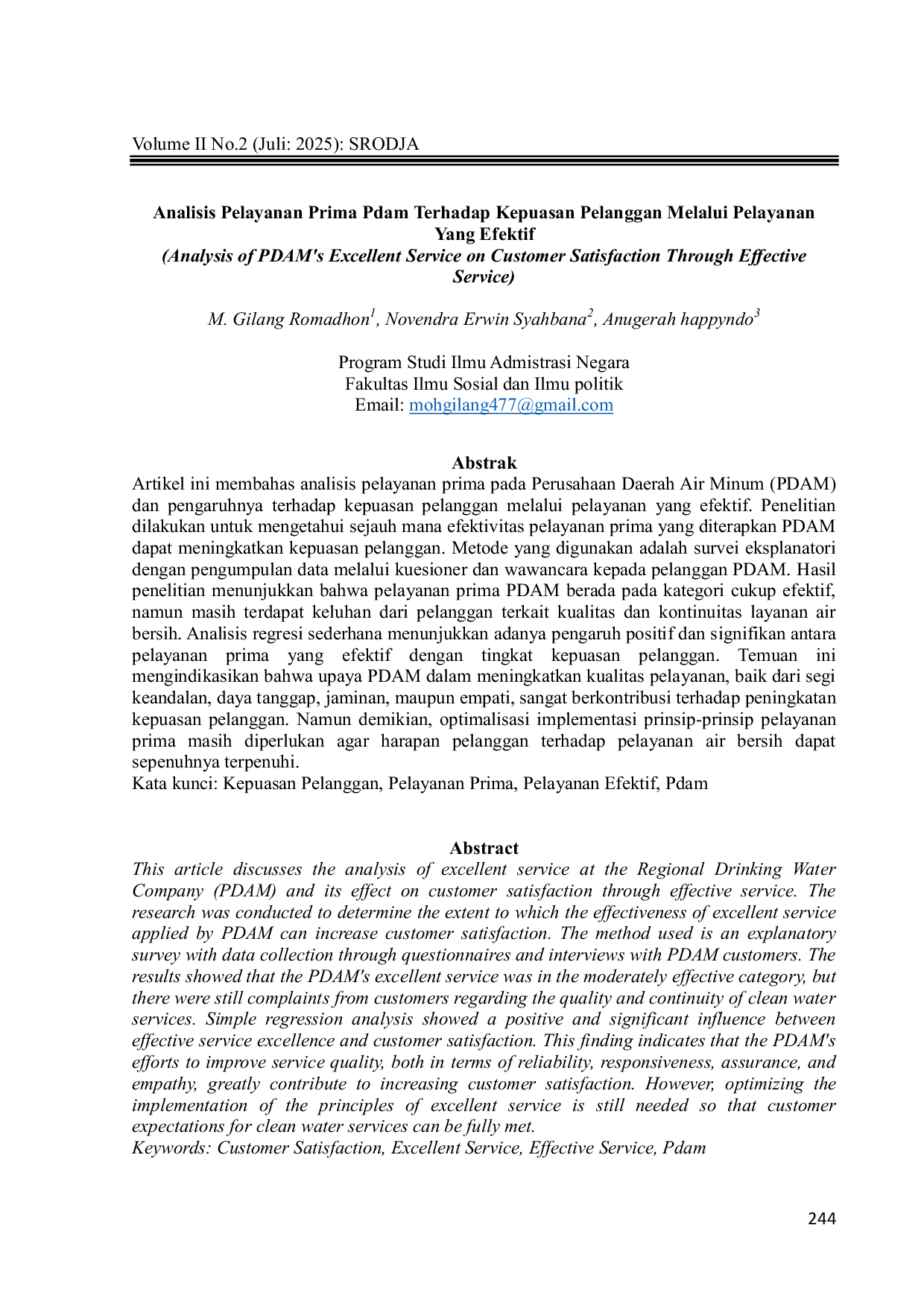 JURIS Analisis Pelayanan Prima Pdam Terhadap Kepuasan Pelanggan Melalui Pelayanan Yang Efektif