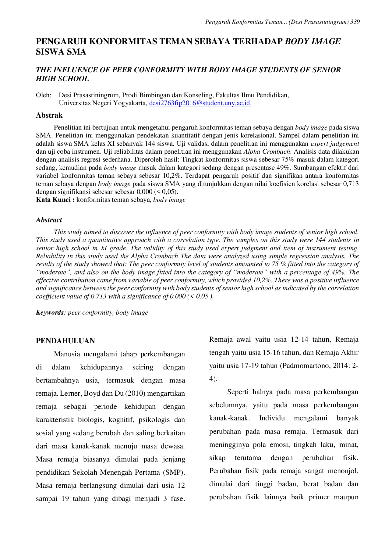 JURIS Pengaruh Konformitas Teman Sebaya Terhadap Body Image Siswa Sma