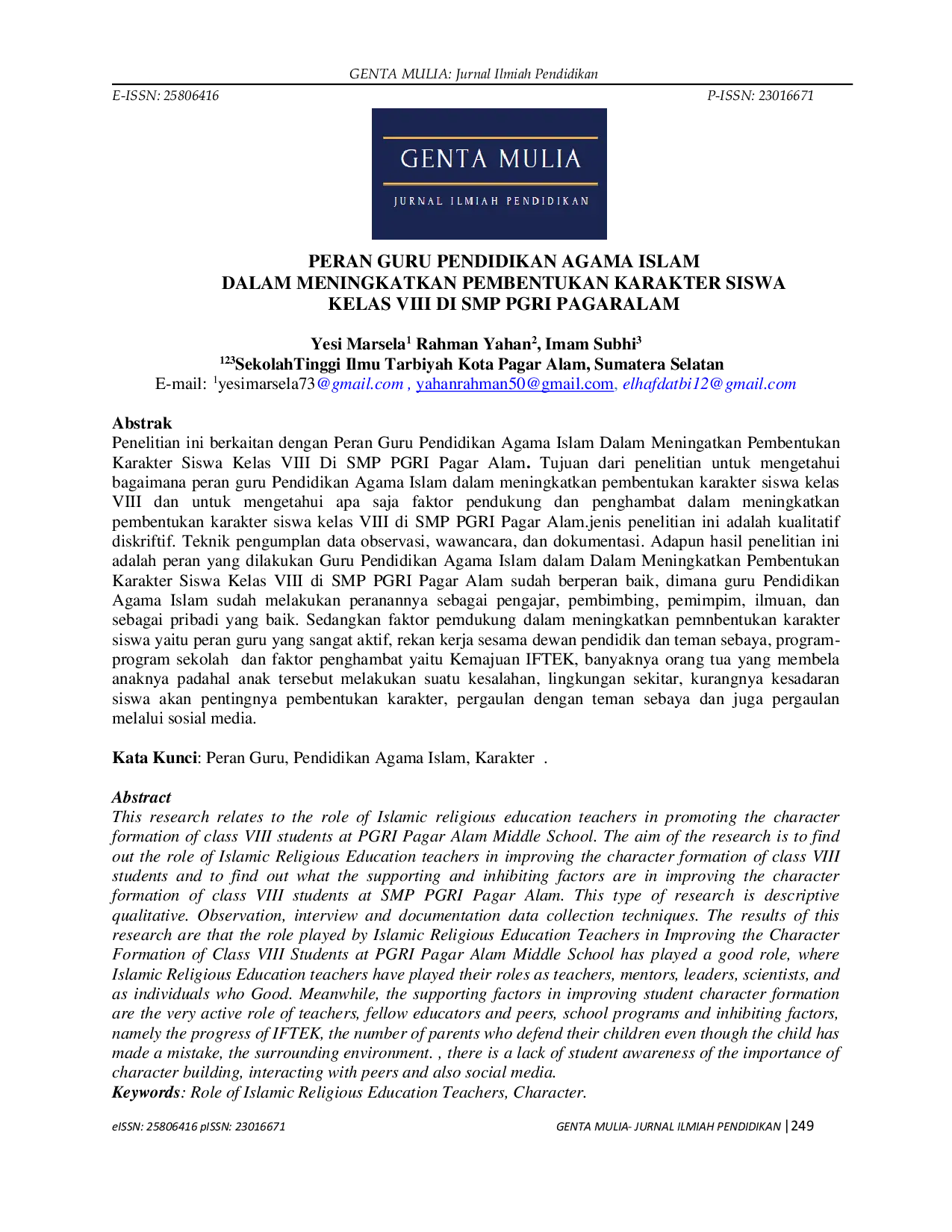 JURIS Peran Guru Pendidikan Agama Islam Dalam Meningkatkan Pembentukan Karakter Siswa Kelas VIII Di SMP PGRI Pagar Alam