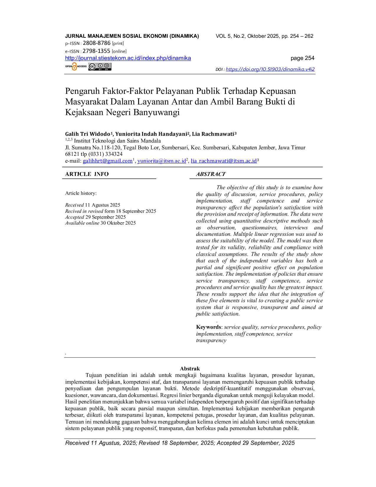 JURIS Pengaruh Faktor Faktor Pelayanan Publik Terhadap Kepuasan Masyarakat Dalam Layanan Antar dan Ambil Barang Bukti di Kejaksaan Negeri Banyuwangi