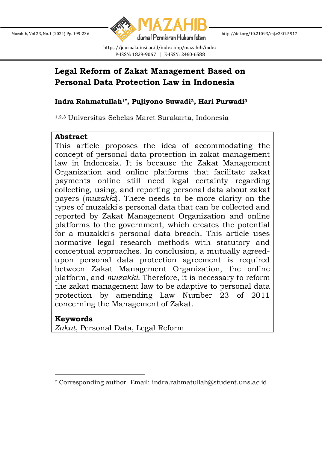 JURIS Legal Reform of Zakat Management Based on Personal Data Protection Law in Indonesia