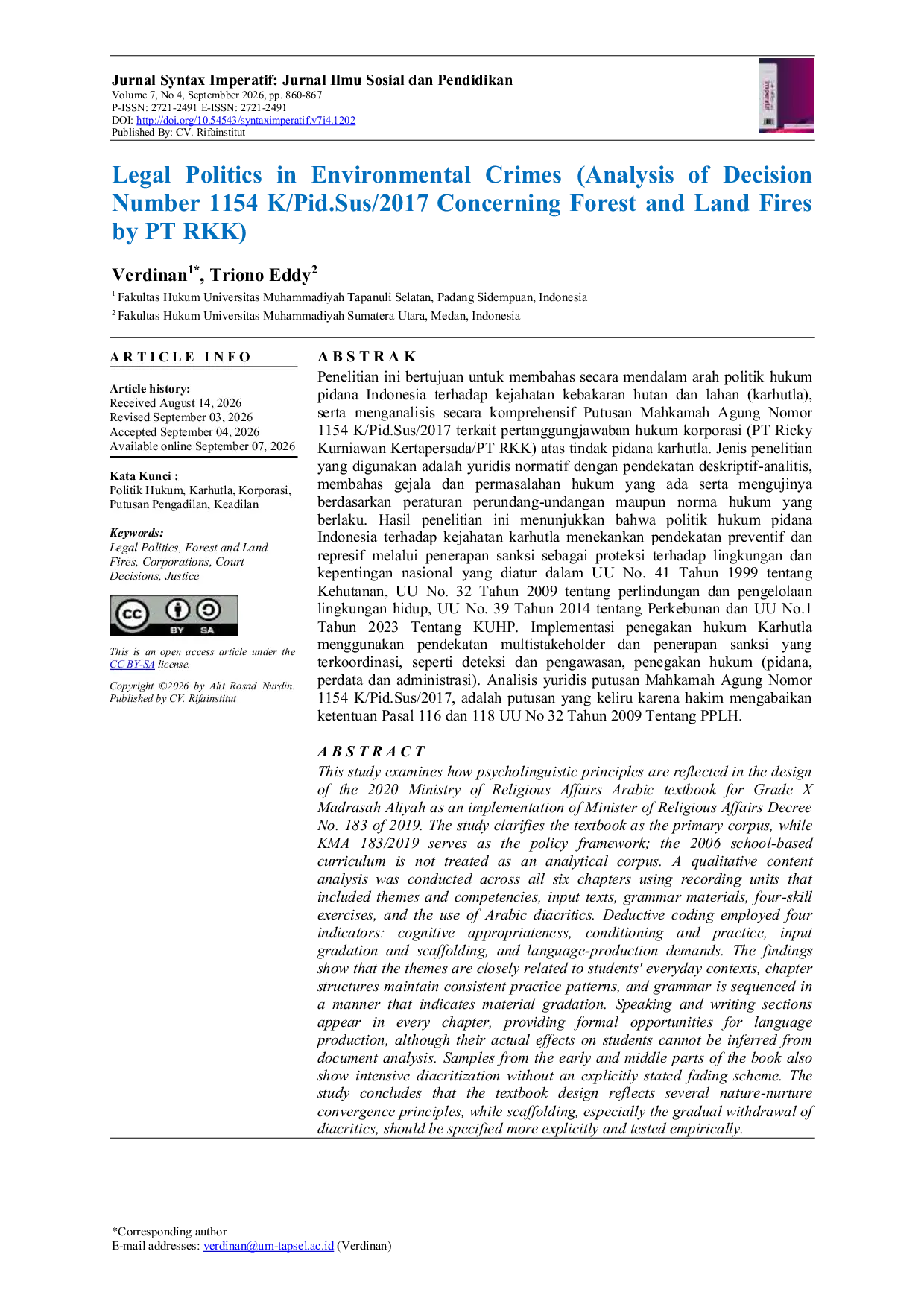 JURIS Legal Politics in Environmental Crimes Analysis of Decision Number 1154 K Pid Sus 2017 Concerning Forest and Land Fires by PT RKK