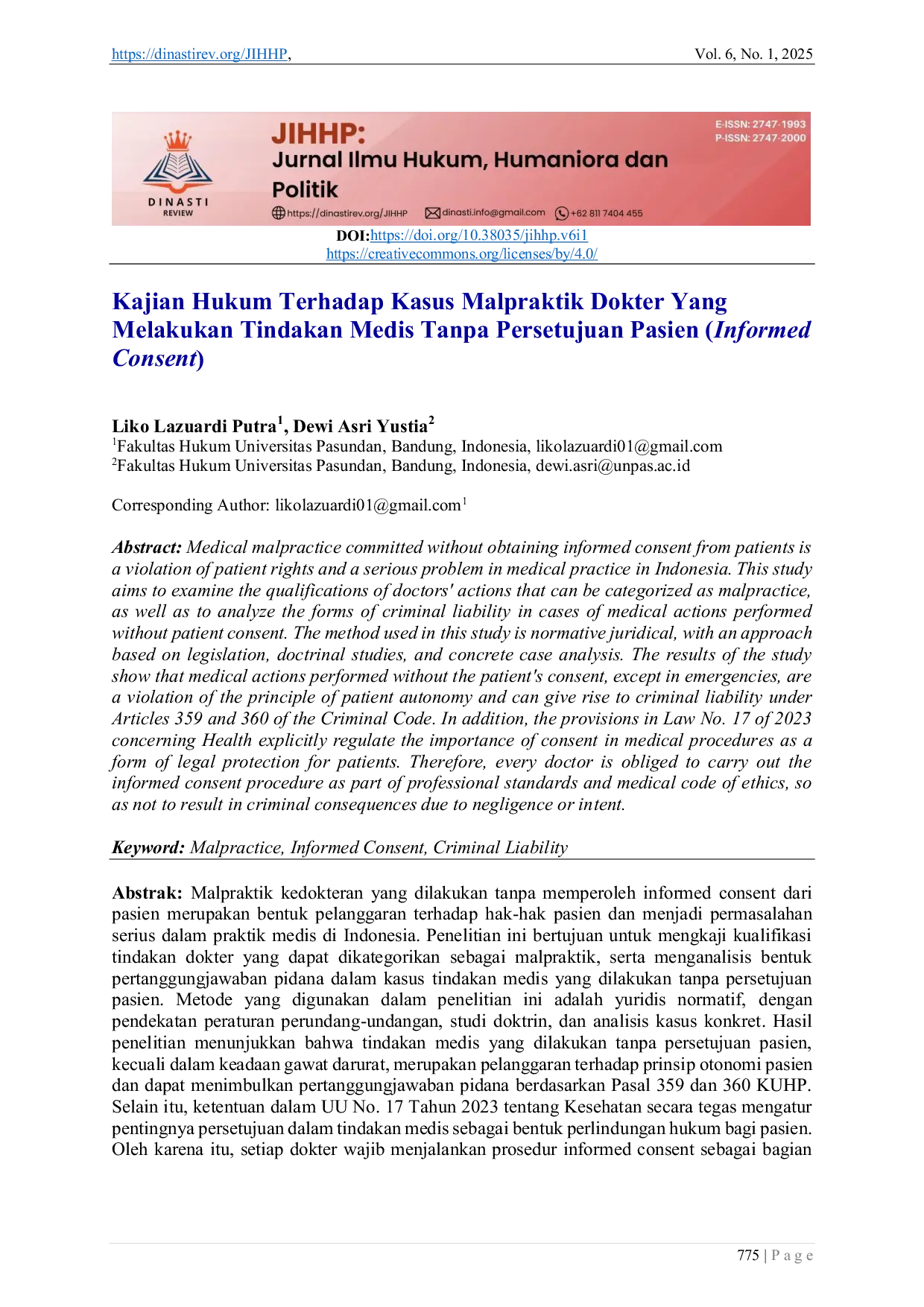 JURIS Kajian Hukum Terhadap Kasus Malpraktik Dokter Yang Melakukan Tindakan Medis Tanpa Persetujuan Pasien Informed Consent