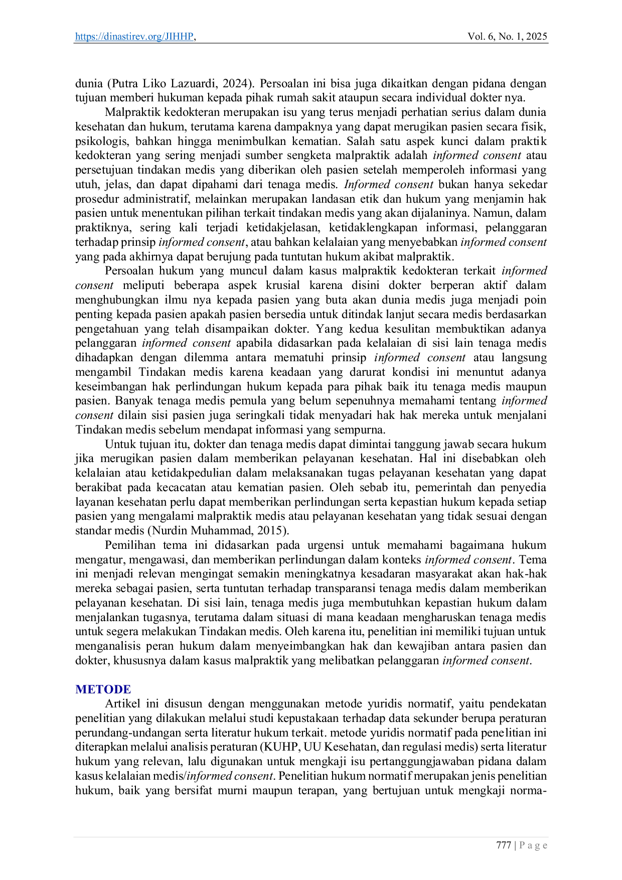 JURIS Kajian Hukum Terhadap Kasus Malpraktik Dokter Yang Melakukan Tindakan Medis Tanpa Persetujuan Pasien Informed Consent