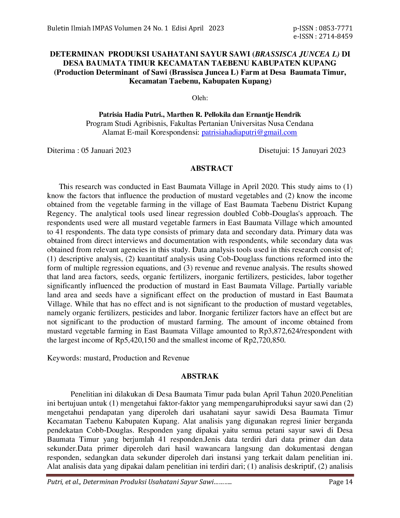 JURIS Determinan Produksi Usahatani Sayur Sawi Brassica Juncea L Di Desa Baumata Timur Kecamatan Taebenu Kabupaten Kupang
