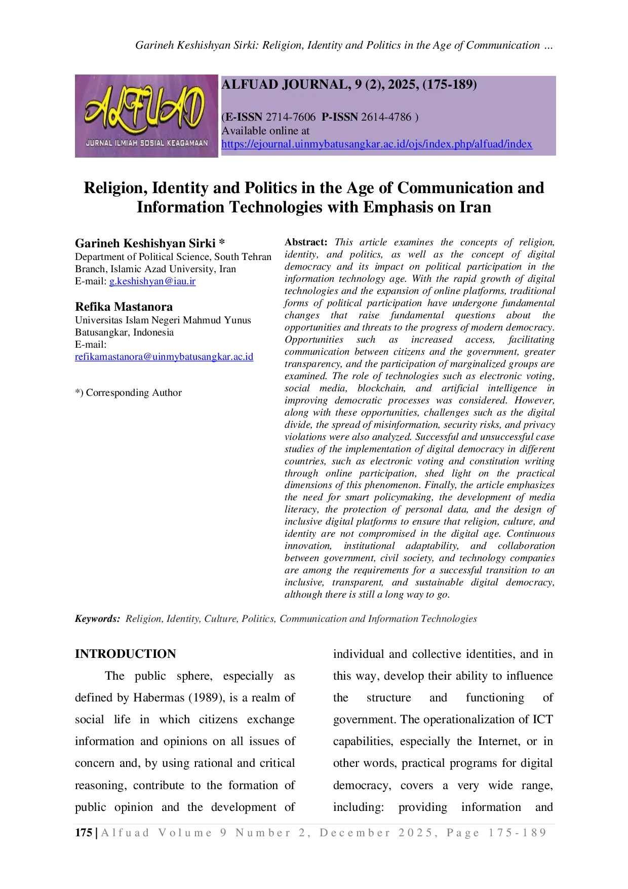 JURIS Religion Identity and Politics in the Age of Communication and Information Technologies with Emphasis on Iran