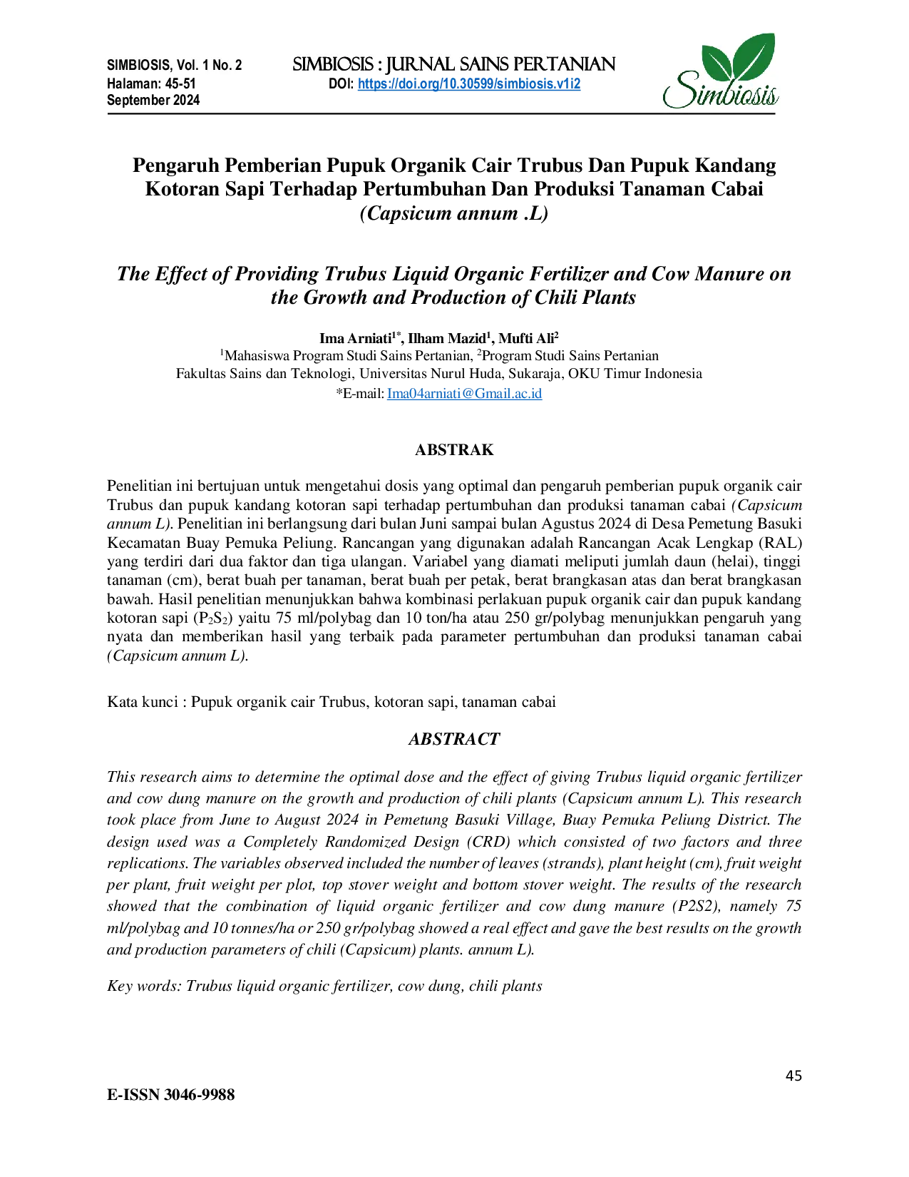 JURIS Pengaruh Pemberian Pupuk Organik Cair Trubus Dan Pupuk Kandang Kotoran Sapi Terhadap Pertumbuhan Dan Produksi Tanaman Cabai Capsicum annum L