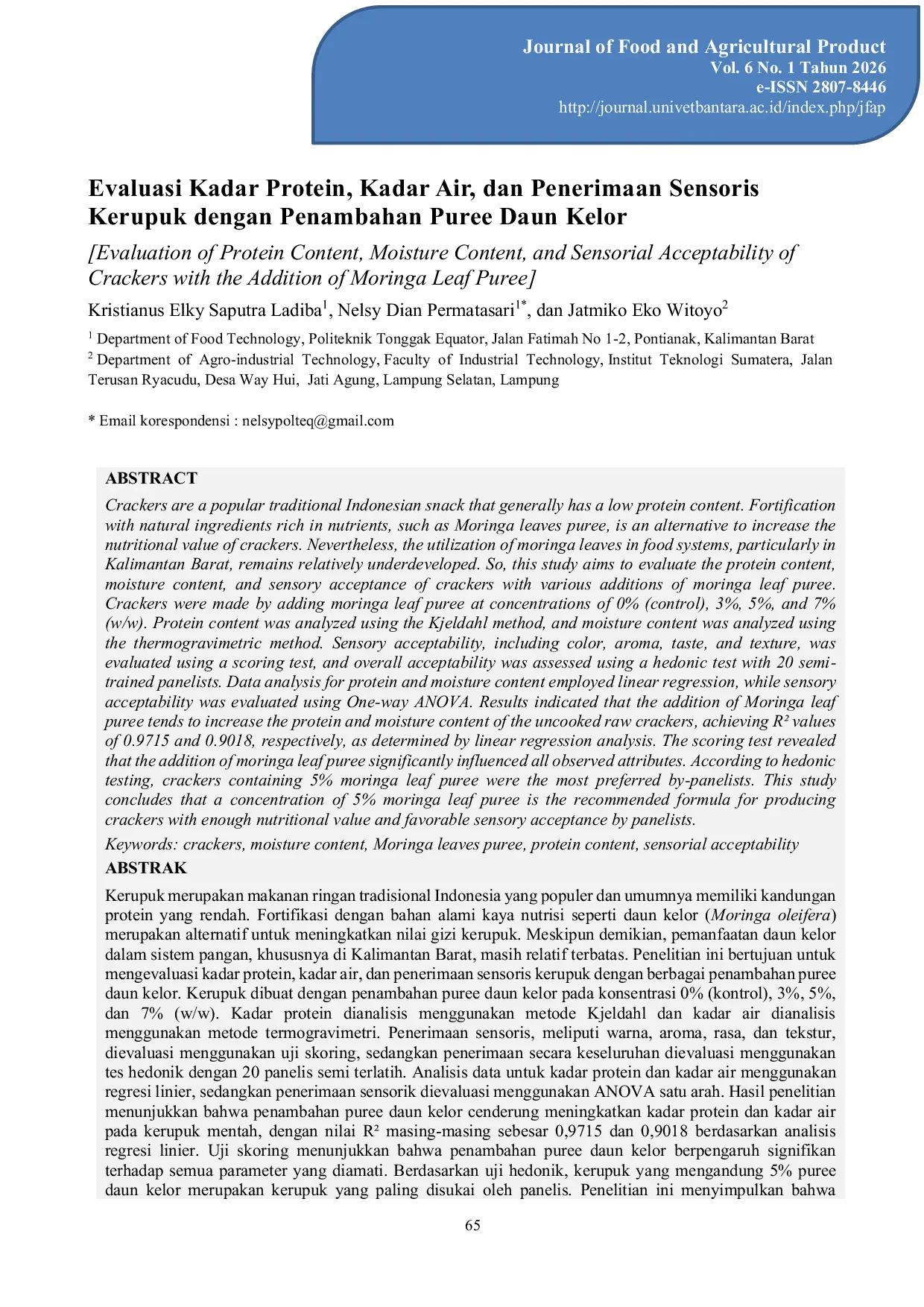 JURIS Evaluation of Protein Content Moisture Content and Sensorial Acceptability of Crackers with the Addition of Moringa Leaf Puree