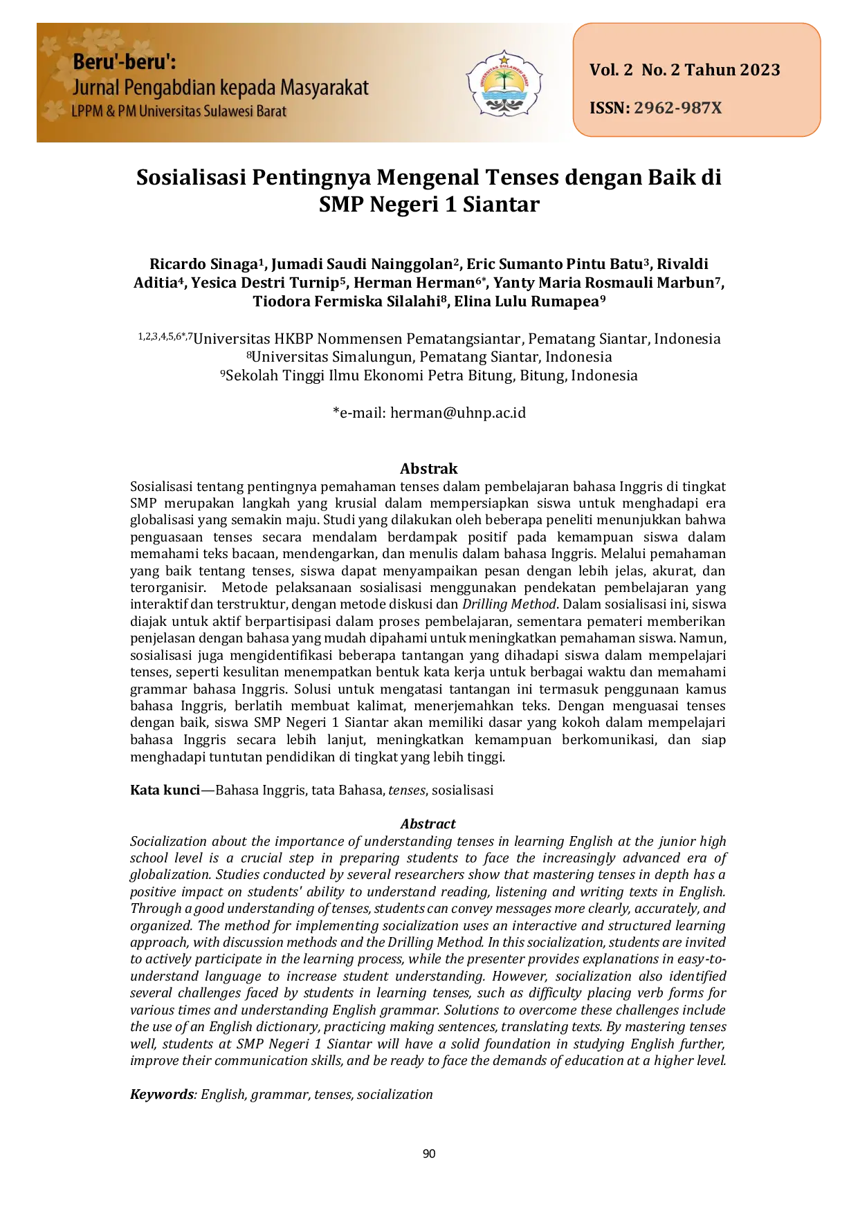 JURIS Sosialisasi Pentingnya Mengenal Tenses dengan Baik di SMP Negeri 1 Siantar