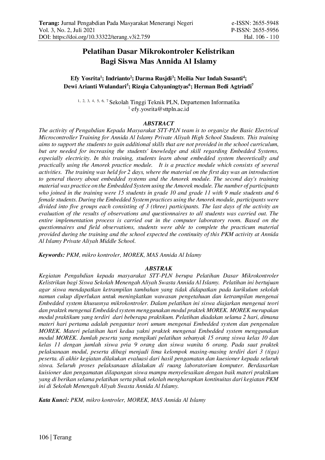 JURIS Pelatihan Dasar Mikrokontroler Kelistrikan Bagi Siswa Mas Annida Al Islamy