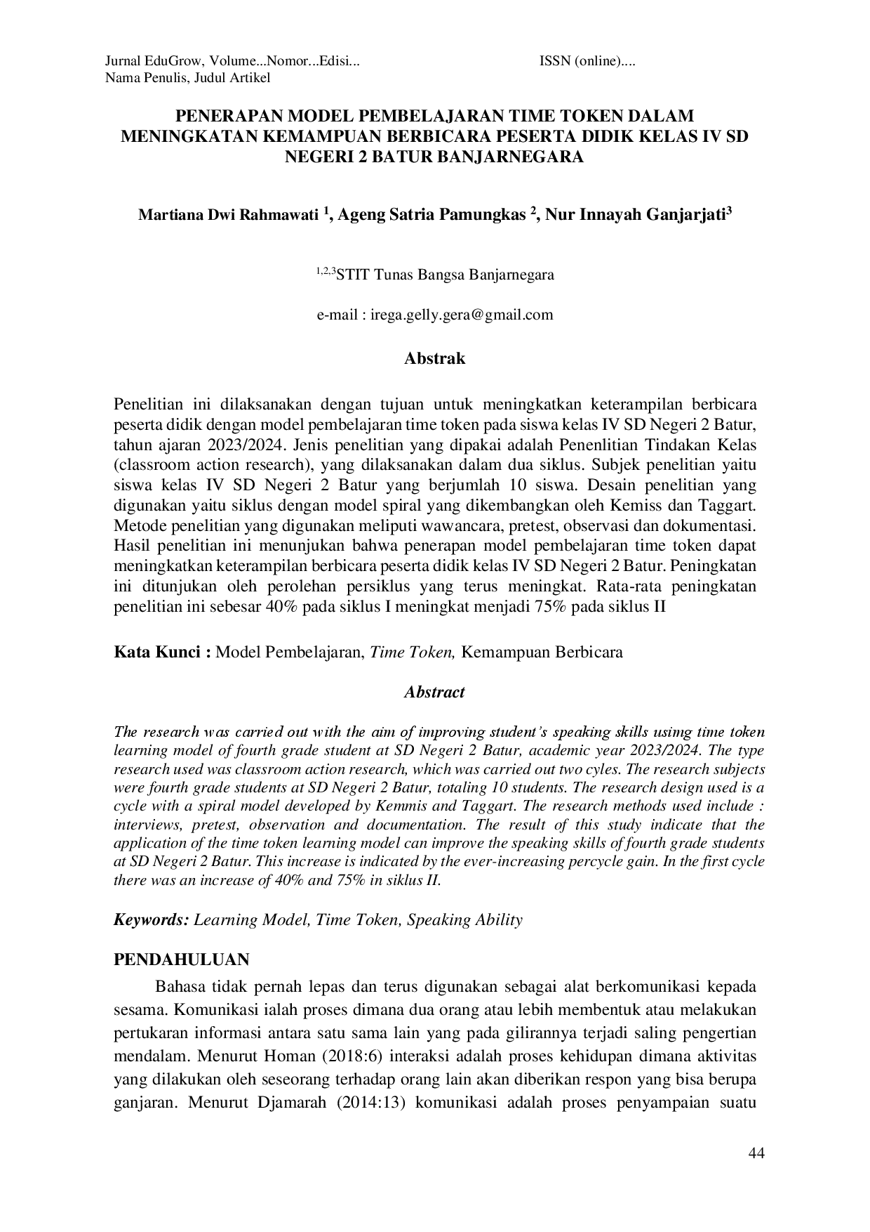 JURIS Penerapan Model Pembelajaran Time Token dalam Meningkatkan Kemampuan Berbicara Peserta Didik Kelas IV SD Negeri 2 Batur Banjarnegara