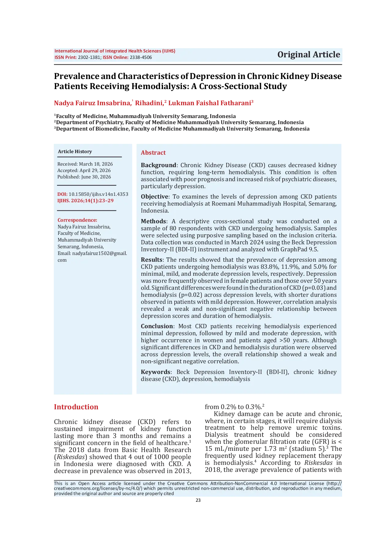 JURIS Prevalence and Characteristics of Depression in Chronic Kidney Disease Patients Receiving Hemodialysis A Cross Sectional Study