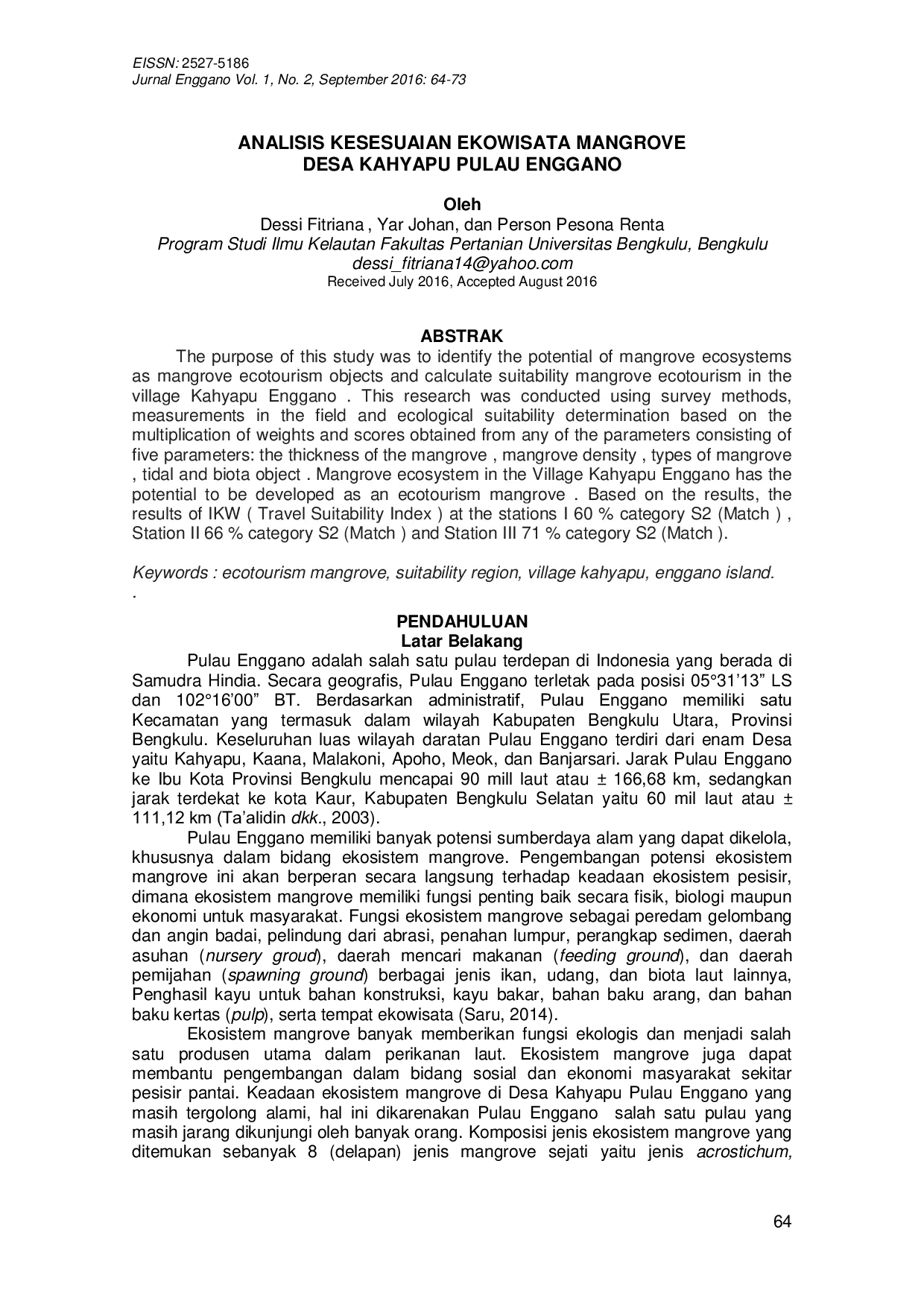 JURIS Analisis Kesesuaian Ekowisata Mangrove Desa Kahyapu Pulau Enggano