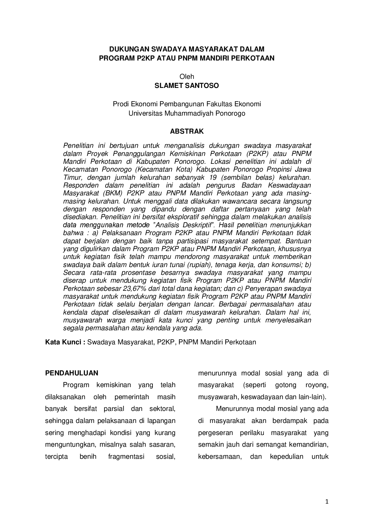 juris Dukungan Swadaya Masyarakat dalam Program P2KP atau PNPM Mandiri Perkotaan