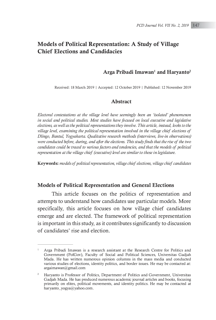 JURIS Models of Political Representation A Study of Village Chief Elections and Candidacies