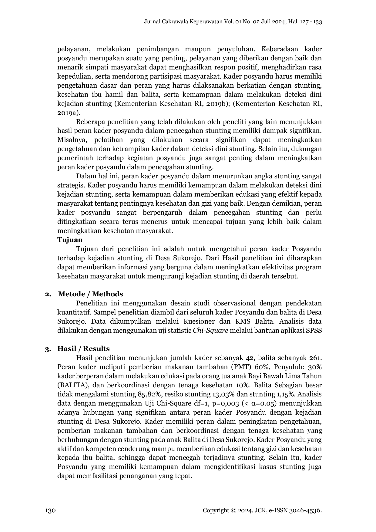 JURIS Hubungan Peran Kader Posyandu dengan Stunting di Desa Sukorejo