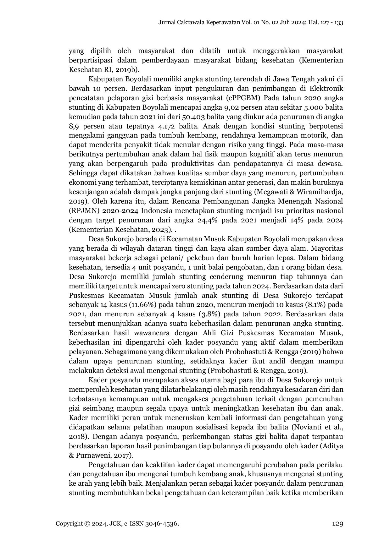 JURIS Hubungan Peran Kader Posyandu dengan Stunting di Desa Sukorejo