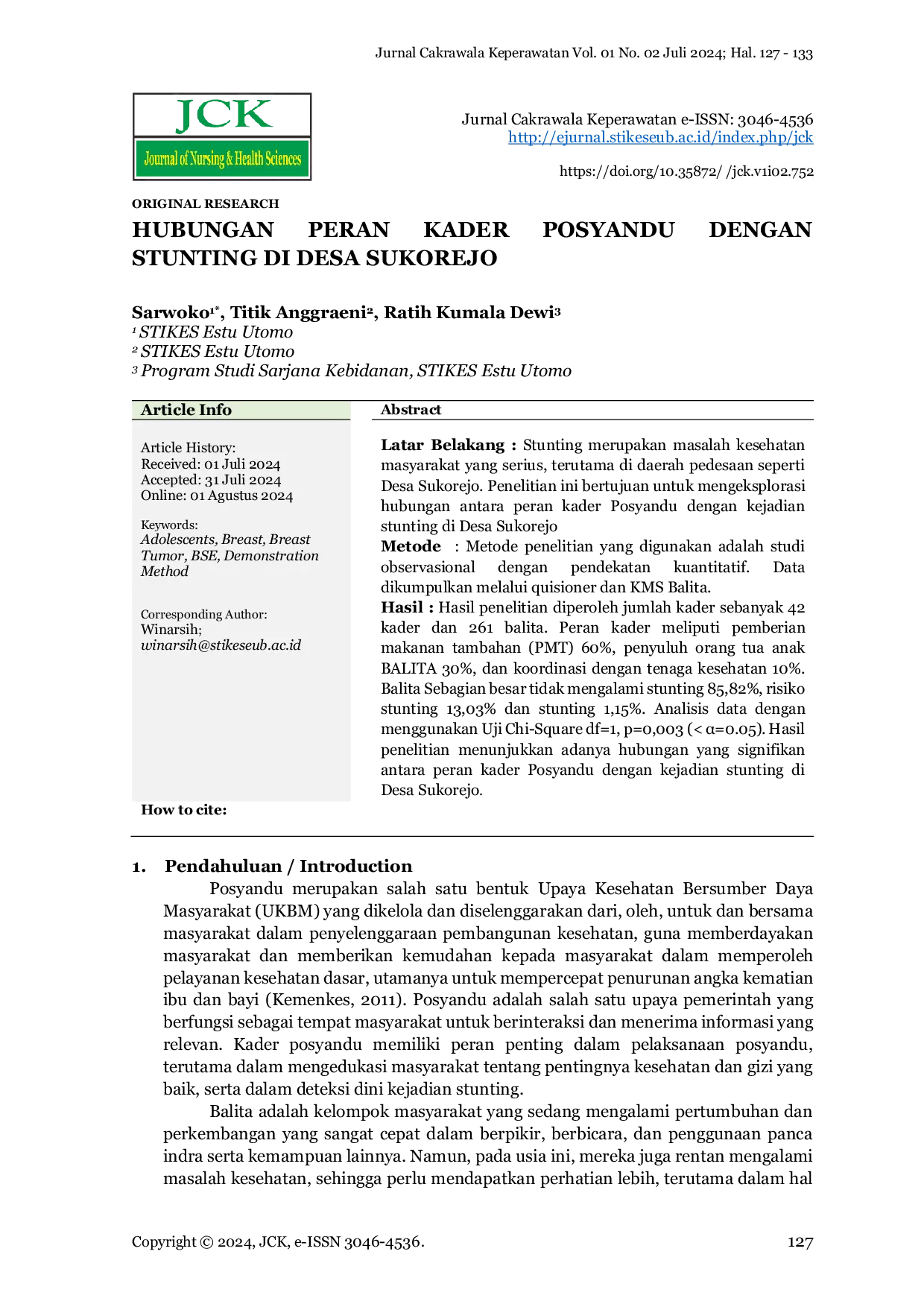 JURIS Hubungan Peran Kader Posyandu dengan Stunting di Desa Sukorejo