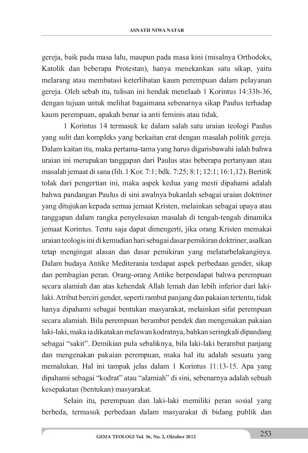 JURIS PAULUS DAN PEREMPUAN Suatu Kajian Terhadap 1 Korintus 14 33B 36