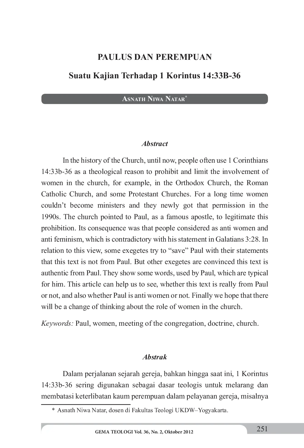 JURIS PAULUS DAN PEREMPUAN Suatu Kajian Terhadap 1 Korintus 14 33B 36