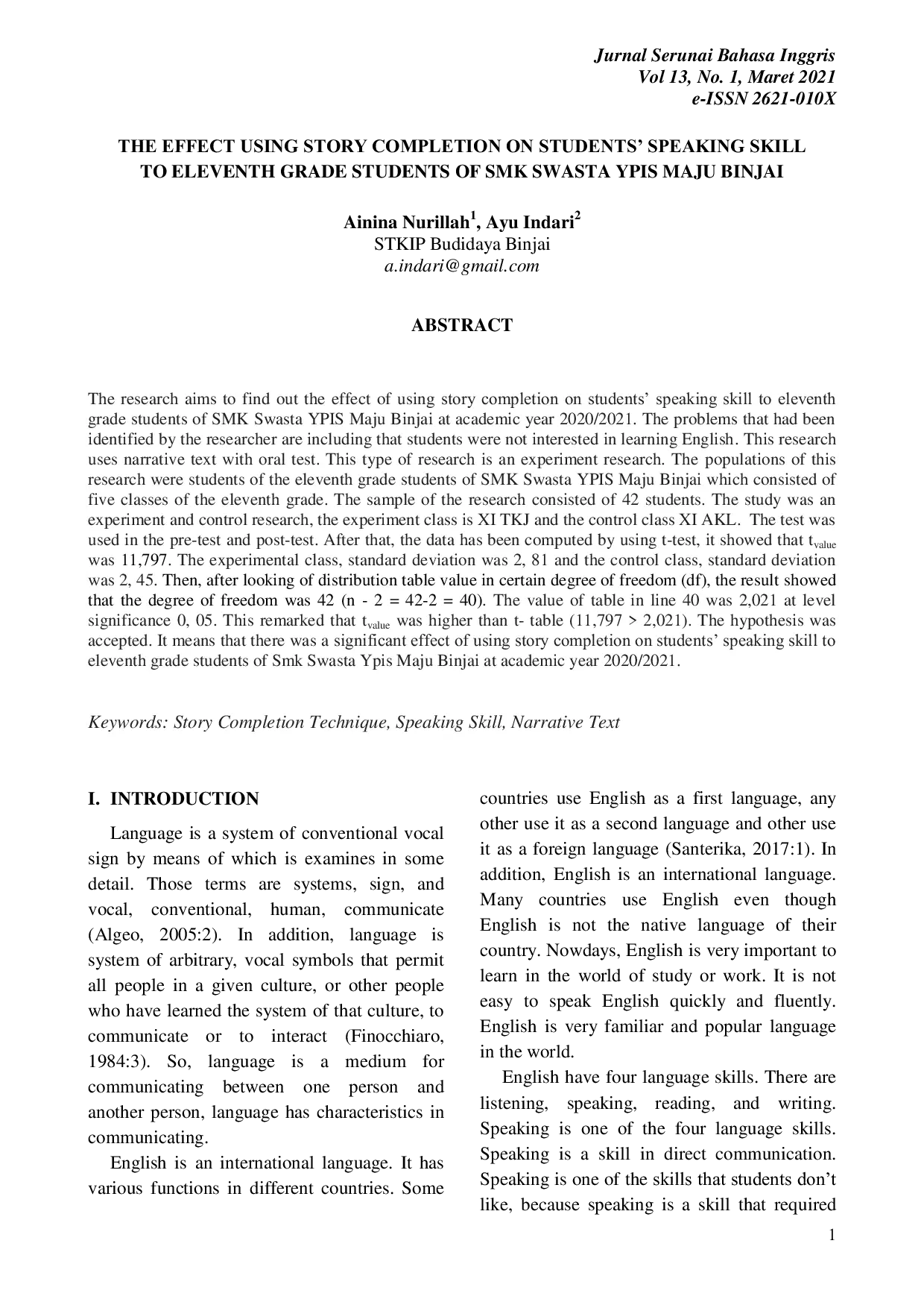 JURIS The Effect Using Story Completion On Students Speaking Skill To Eleventh Grade Students Of Smk Swasta Ypis Maju Binjai