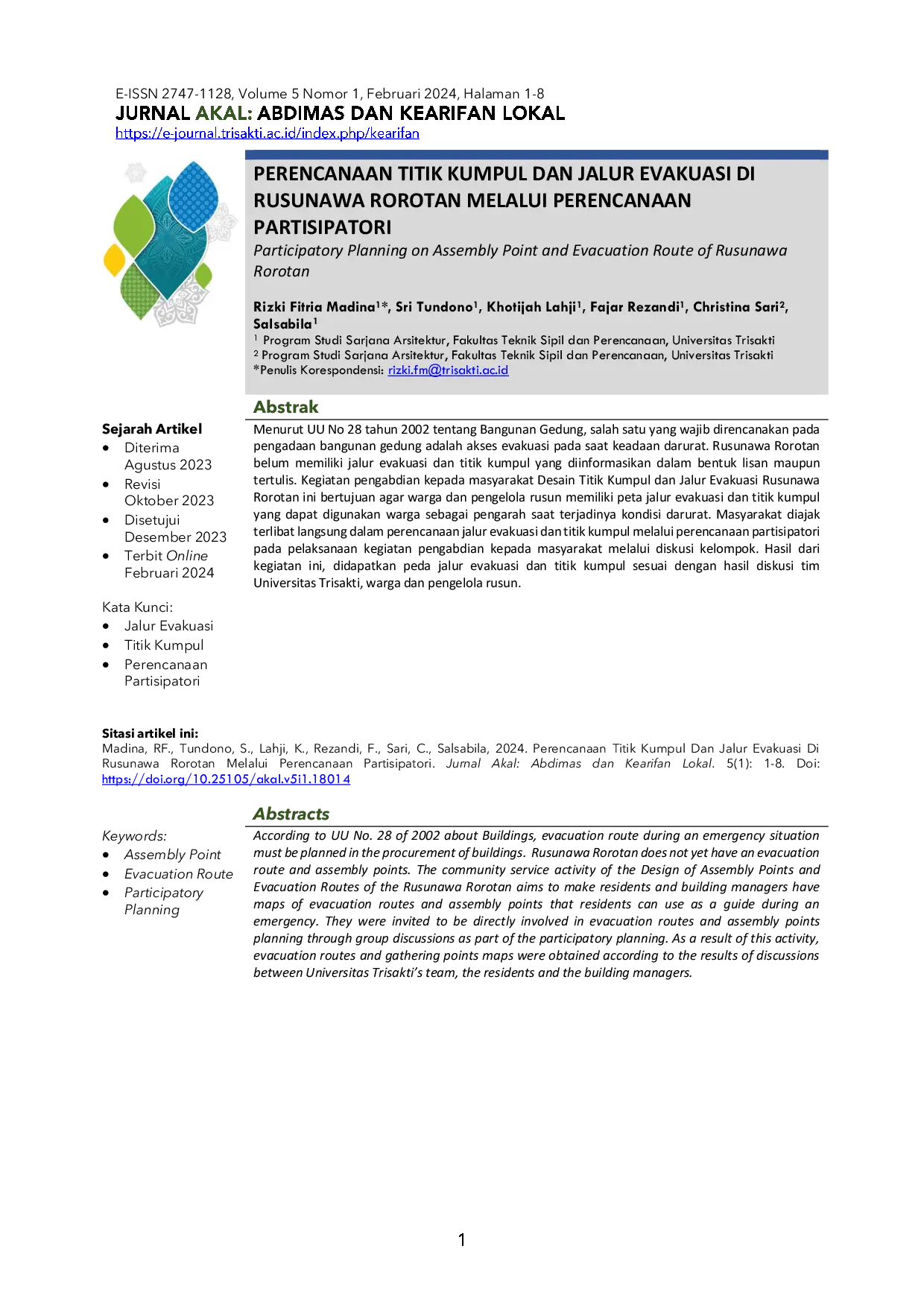 JURIS Perencanaan Titik Kumpul Dan Jalur Evakuasi Di Rusunawa Rorotan Melalui Perencanaan Partisipatori