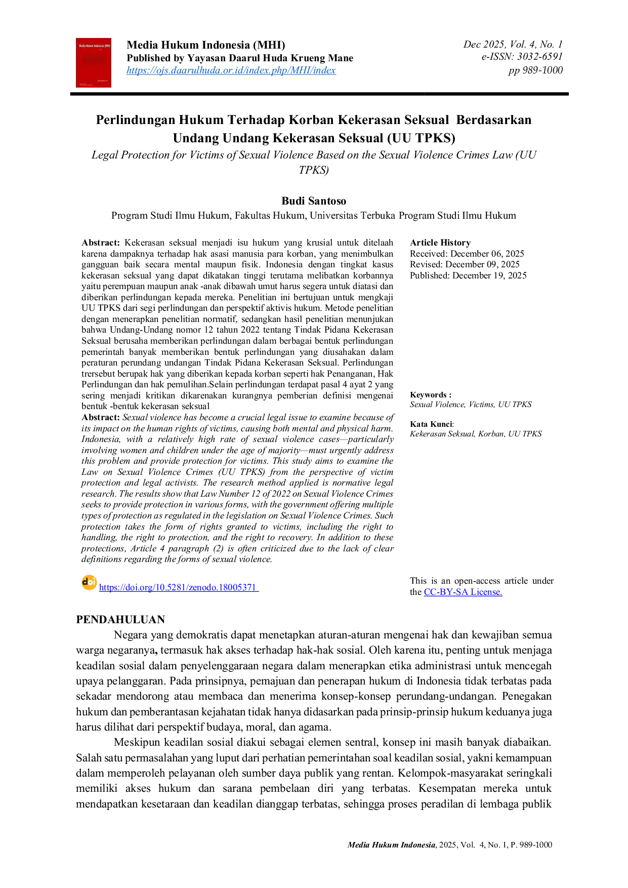 JURIS Perlindungan Hukum Terhadap Korban Kekerasan Seksual Berdasarkan Undang Undang Kekerasan Seksual Uu Tpks