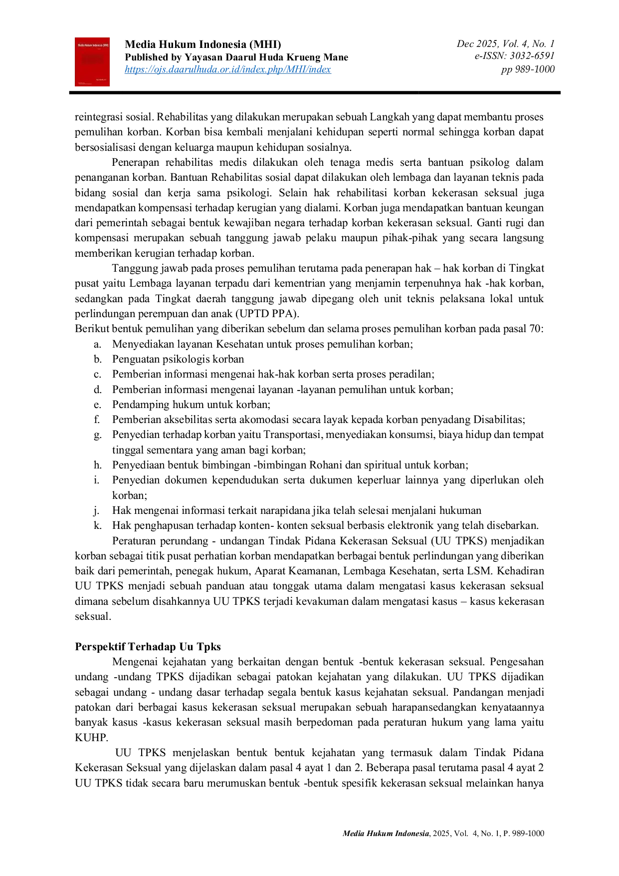 JURIS Perlindungan Hukum Terhadap Korban Kekerasan Seksual Berdasarkan Undang Undang Kekerasan Seksual Uu Tpks