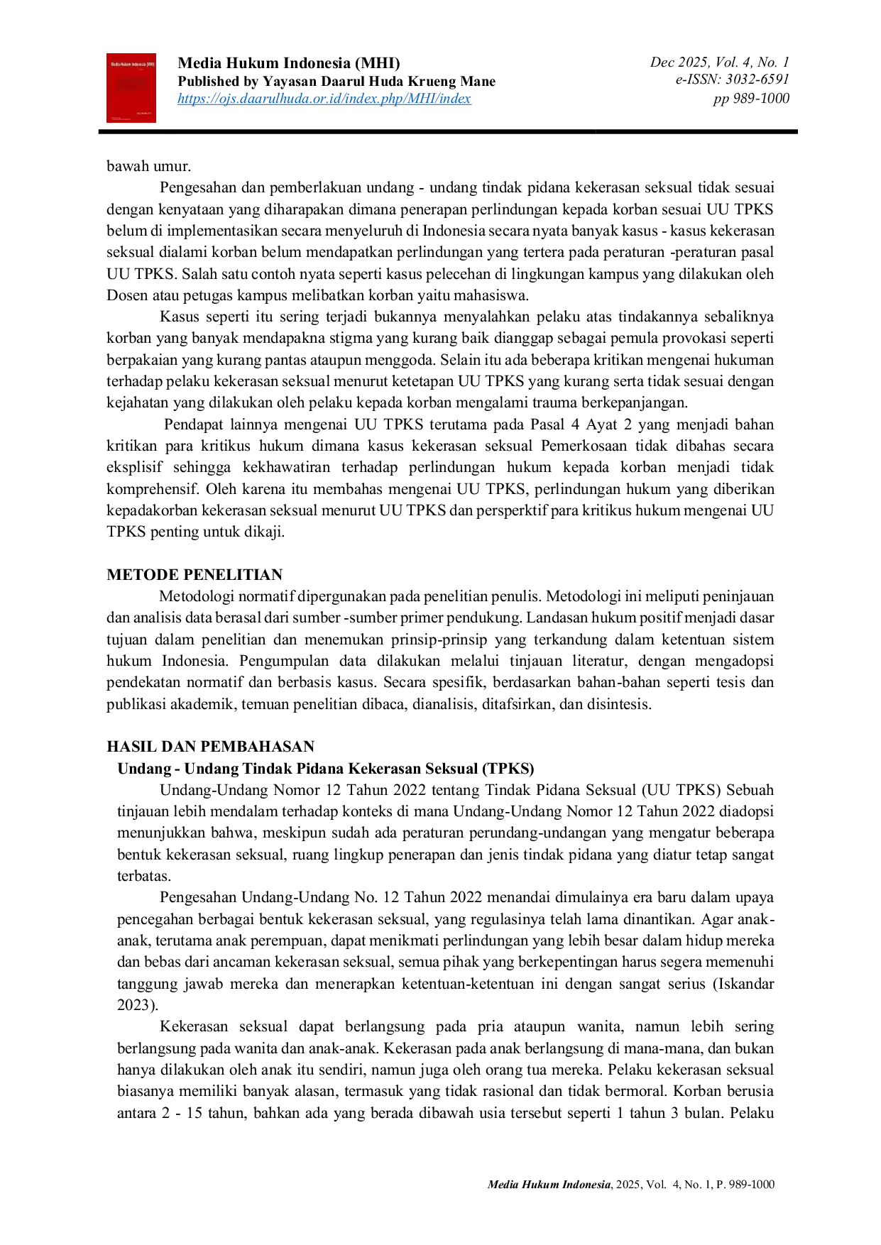 JURIS Perlindungan Hukum Terhadap Korban Kekerasan Seksual Berdasarkan Undang Undang Kekerasan Seksual Uu Tpks