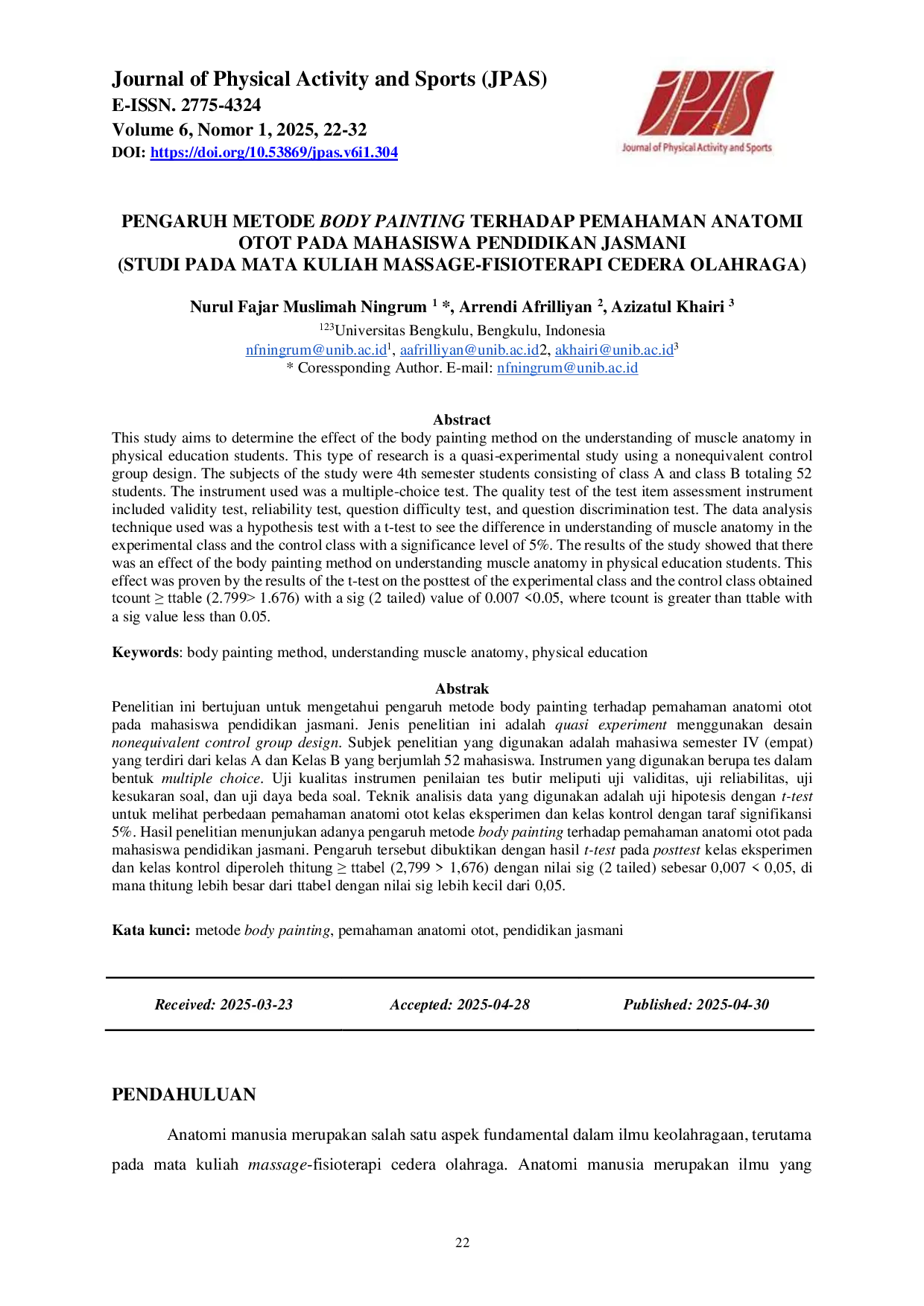 JURIS Pengaruh Metode Body Painting Terhadap Pemahaman Anatomi Otot Pada Mahasiswa Pendidikan Jasmani Studi Pada Mata Kuliah Massage Fisioterapi Cedera Olahraga