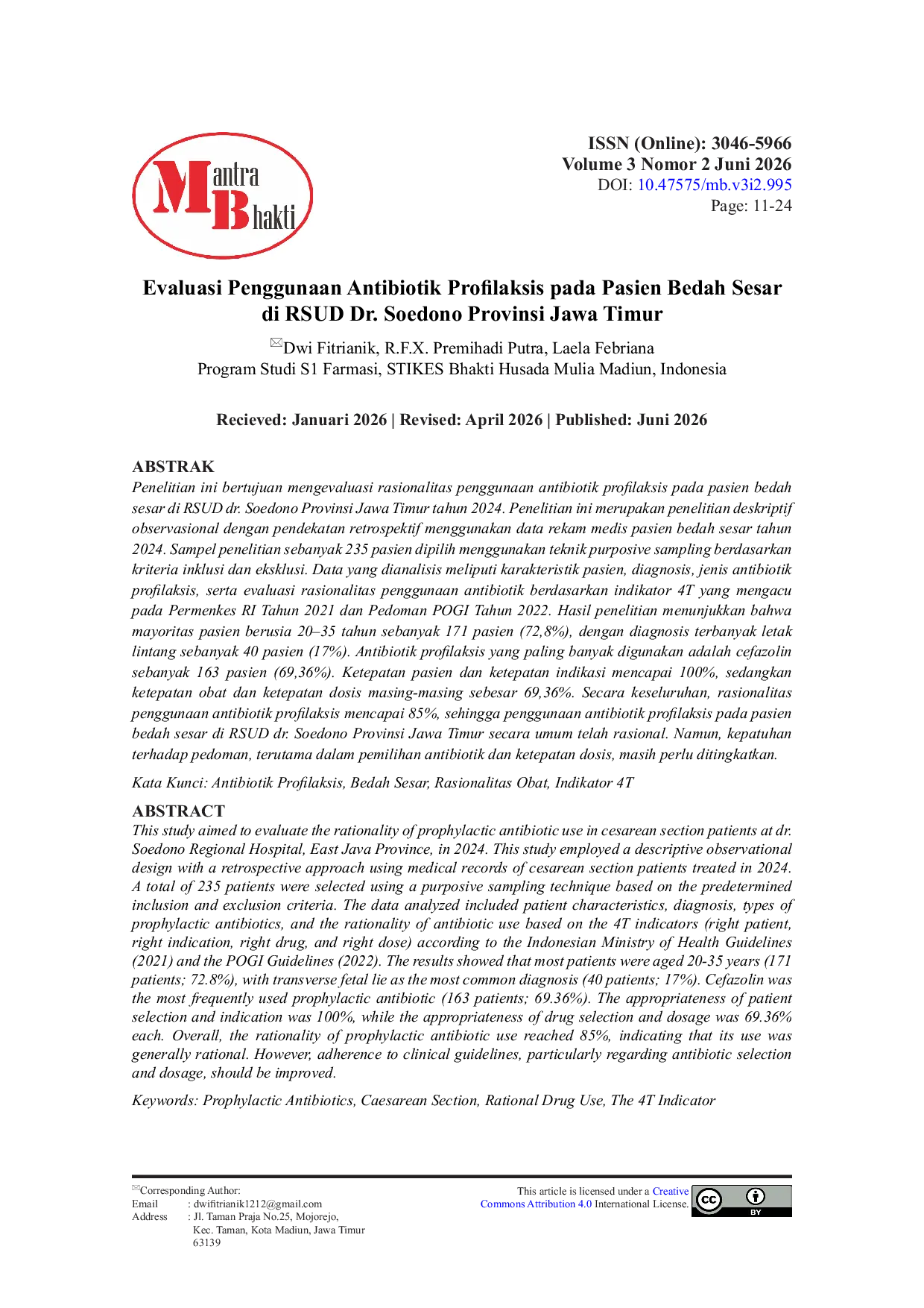 JURIS Evaluasi Penggunaan Antibiotik Profilaksis Pada Pasien Bedah Sesar Di RSUD Dr Soedono Provinsi Jawa Timur