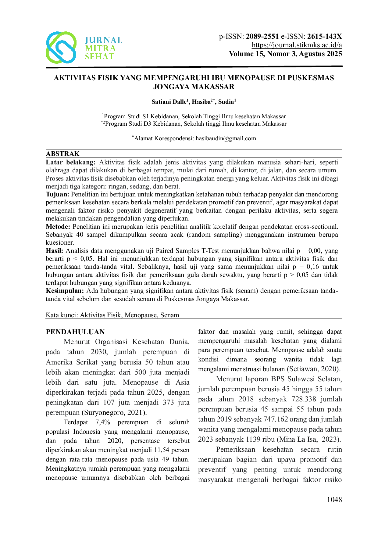 JURIS Aktivitas Fisik Yang Mempengaruhi Ibu Menopause Di Puskesmas Jongaya Makassar