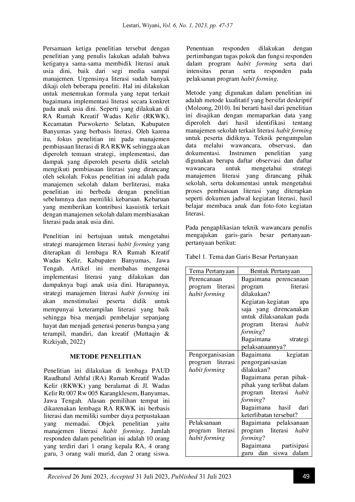 JURIS Manajemen Literasi Habit Forming Pada Anak Usia Dini