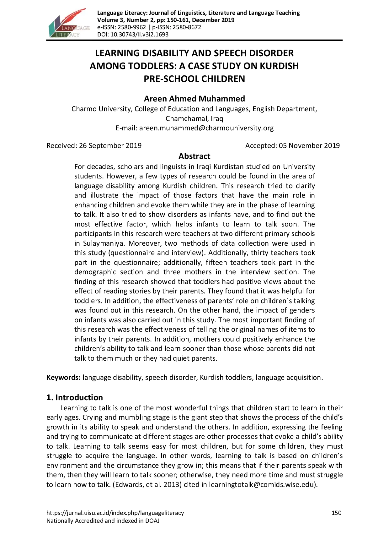 juris Learning Disability and Speech Disorder Among Toddlers A Case Study on Kurdish PreAcSchool Children