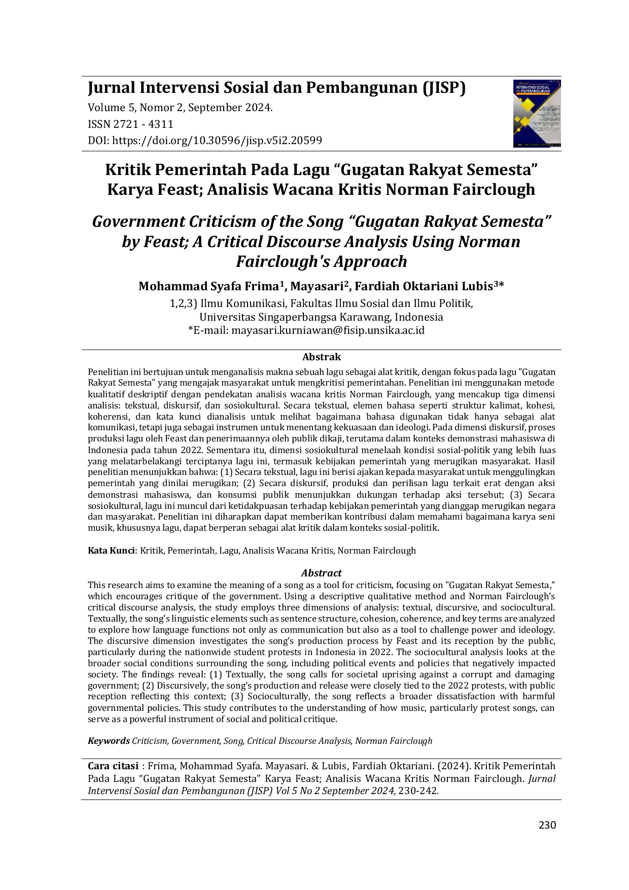 JURIS Kritik Pemerintah Pada Lagu Gugatan Rakyat Semesta Karya Feast Analisis Wacana Kritis Norman Fairclough