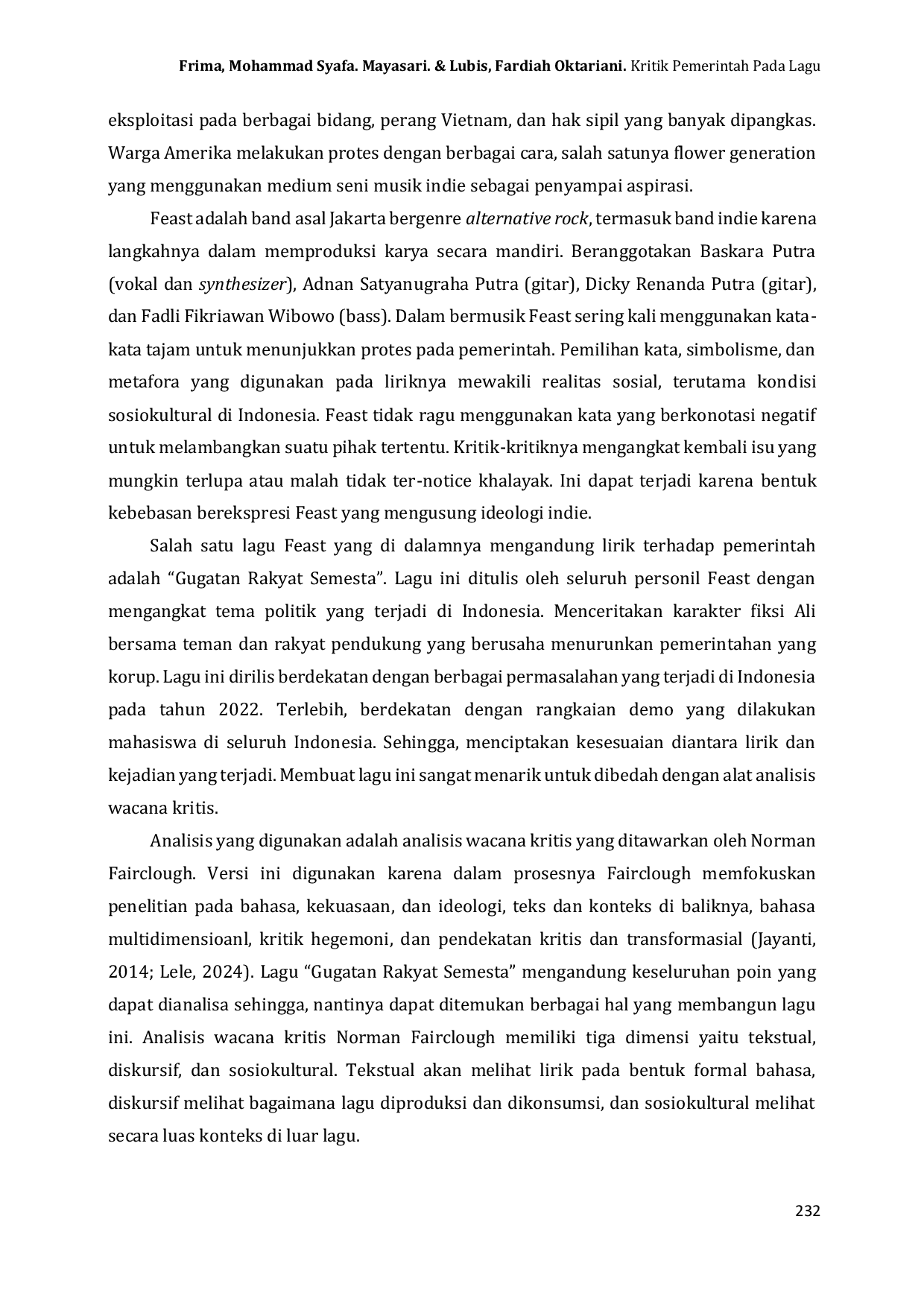 JURIS Kritik Pemerintah Pada Lagu Gugatan Rakyat Semesta Karya Feast Analisis Wacana Kritis Norman Fairclough