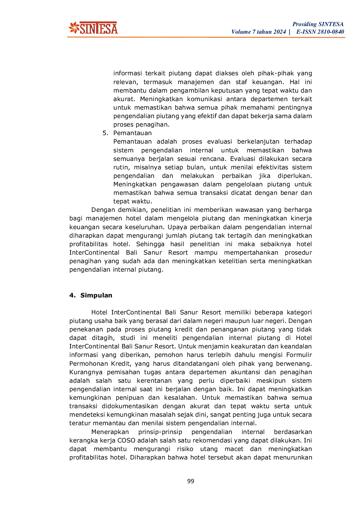 JURIS Analisis Pengendalian Internal Piutang Pada Departemen Akuntansi Hotel Intercontinental Bali Sanur Resort