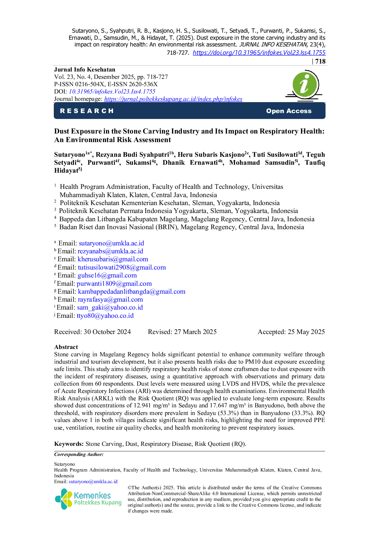 JURIS Dust Exposure in the Stone Carving Industry and Its Impact on Respiratory Health An Environmental Risk Assessment
